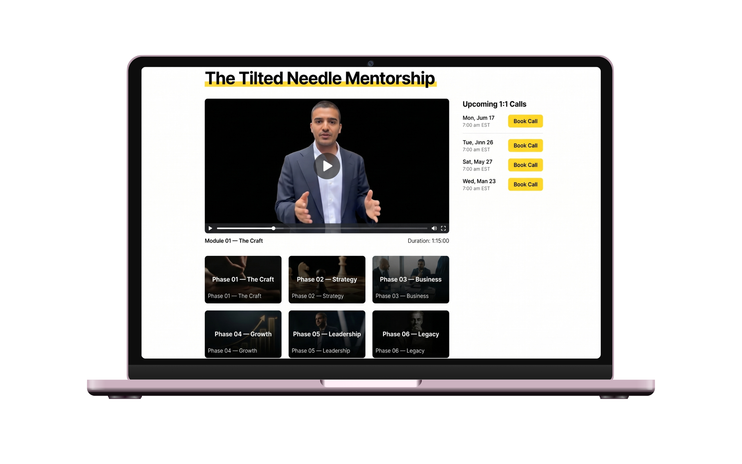 Laptop showing the Tilted Needle Mentorship session library and 1:1 call recordings.